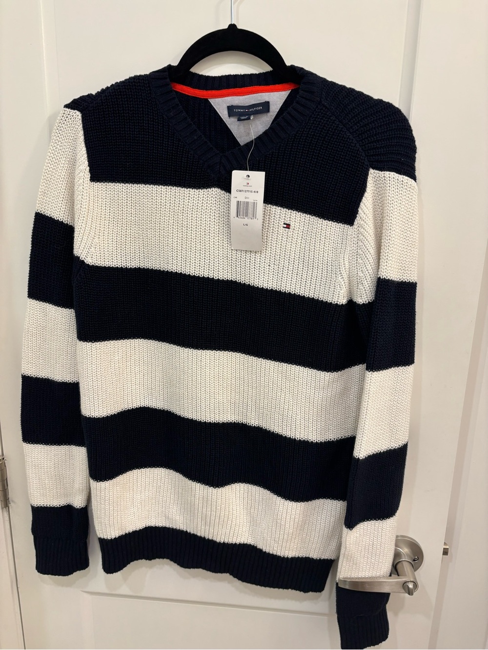 NWT Tommy Hilfiger Boys navy and white striped v-neck sweater